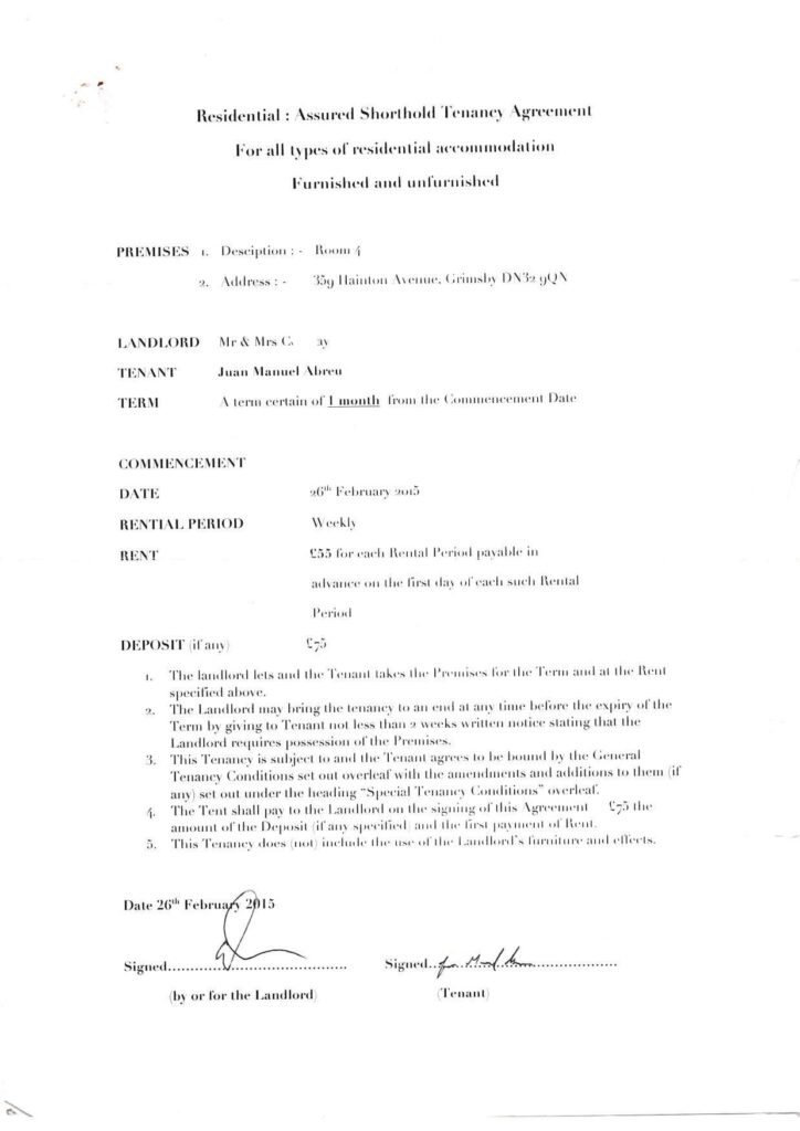 2015-02-26 Juan Abreu's tenancy agreement for a room in a shared house, dated 26th of February 2015. This was the first accommodation after family broke down 2 weeks before.