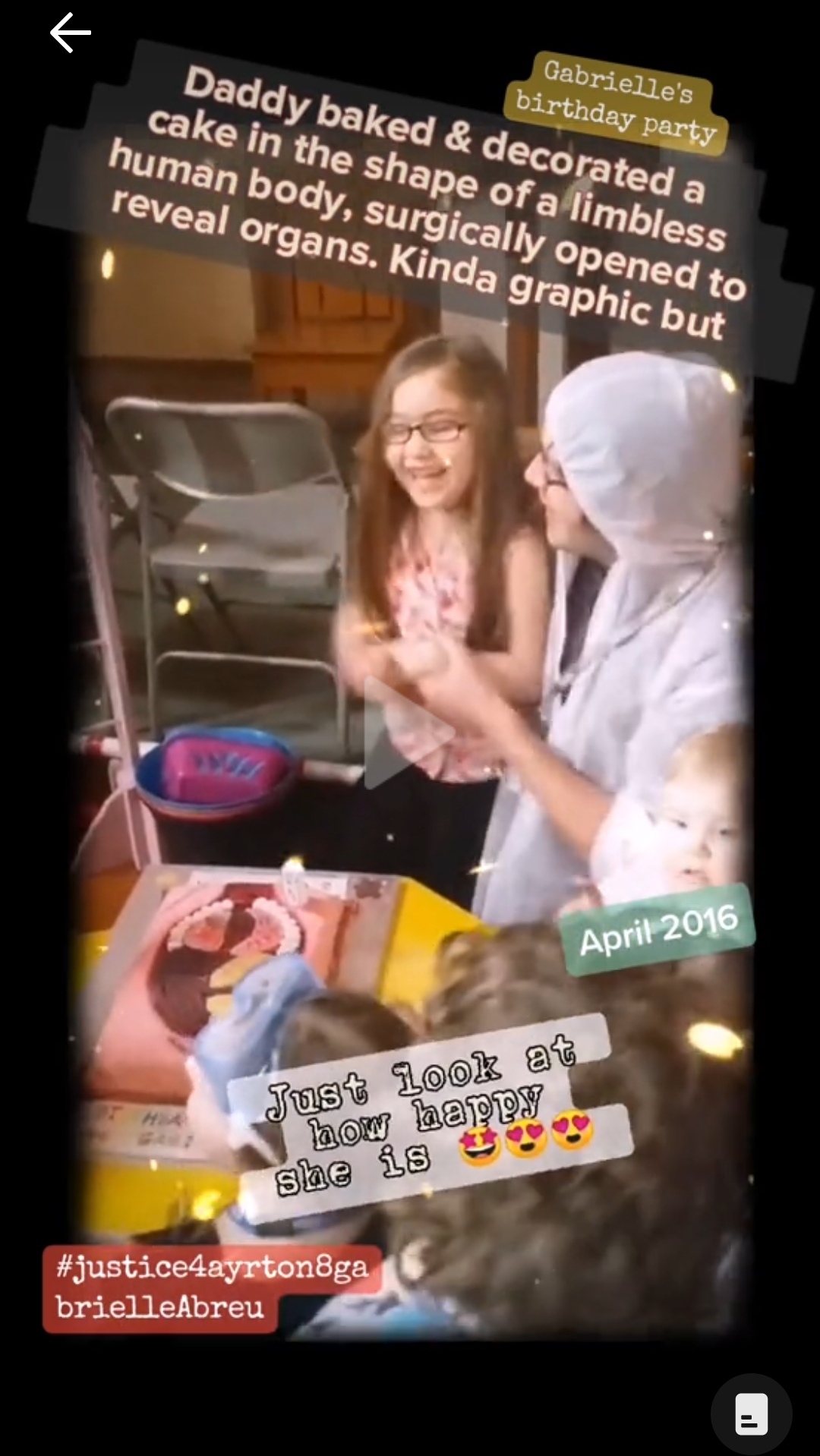 April 2016, photo of Gabrielle Abreu with daddy laughing at the anus part of her human body anatomy cake that daddy decorated for her, daddy was wearing a hazmat suit on her birthday, as part of the science lab theme. Click to watch full clip