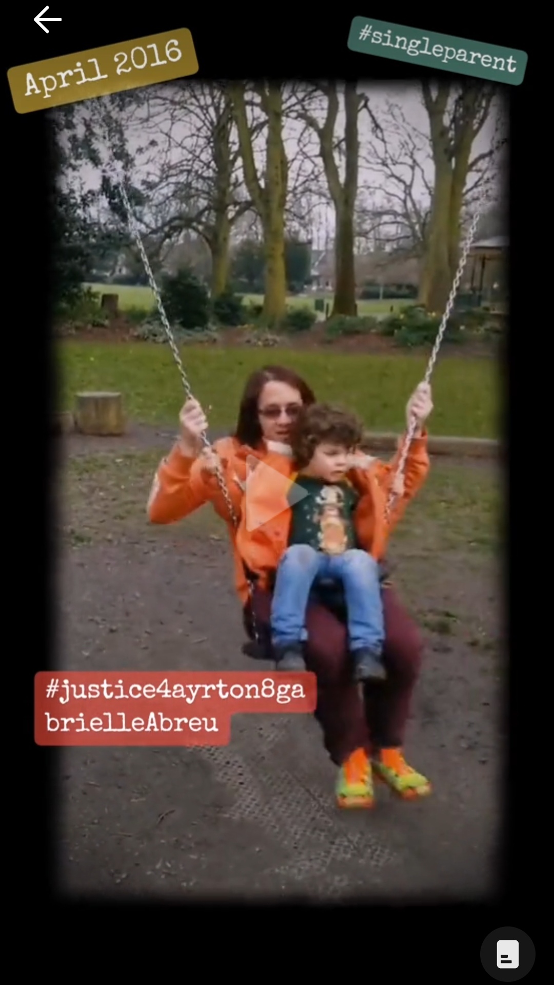 April 2016, photo of daddy carrying Ayrton Abreu on his lap whilst swinging on a swing at People's Park in Grimsby. Click to watch full clip