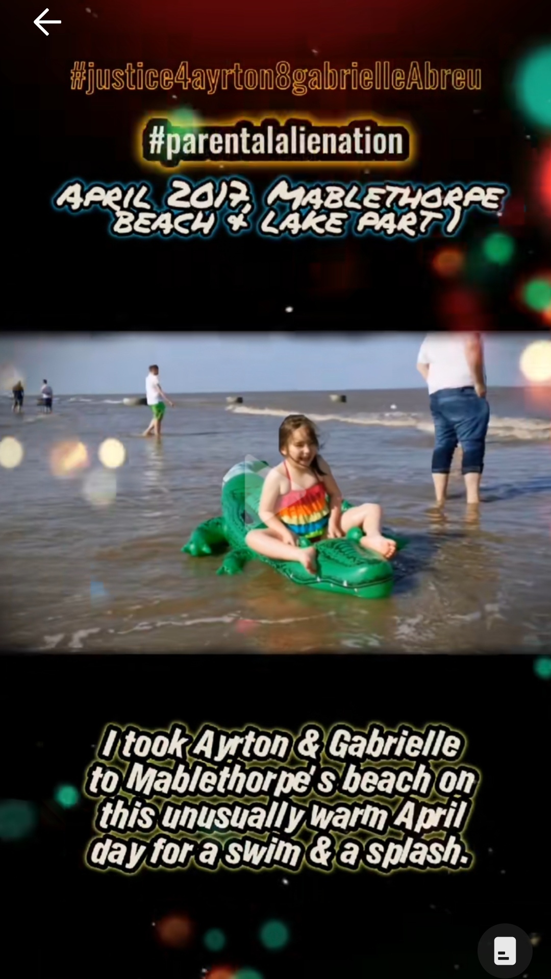 April 2017, photo of Gabrielle Abreu riding a big inflatable alligator at Mablethorpe beach on a very sunny & mild day in April. She went with daddy & brother Ayrton. Click to watch full clip.