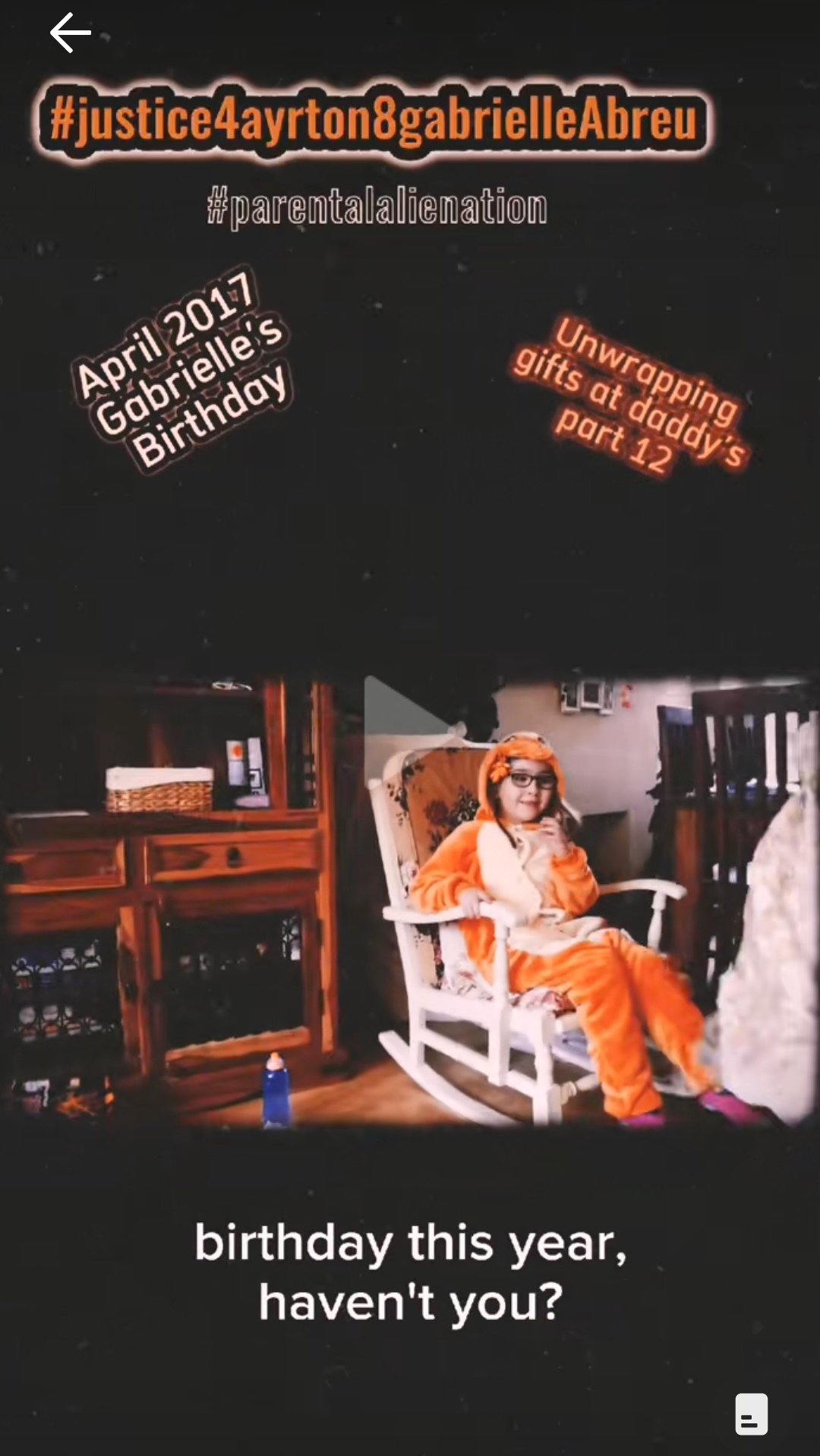 April 2017, photo of Gabrielle Abreu wearing a Charmander onesie whilst sitting in her rocking chair, she got them both as birthday presents from daddy, Juan Abreu. Click to watch full clip