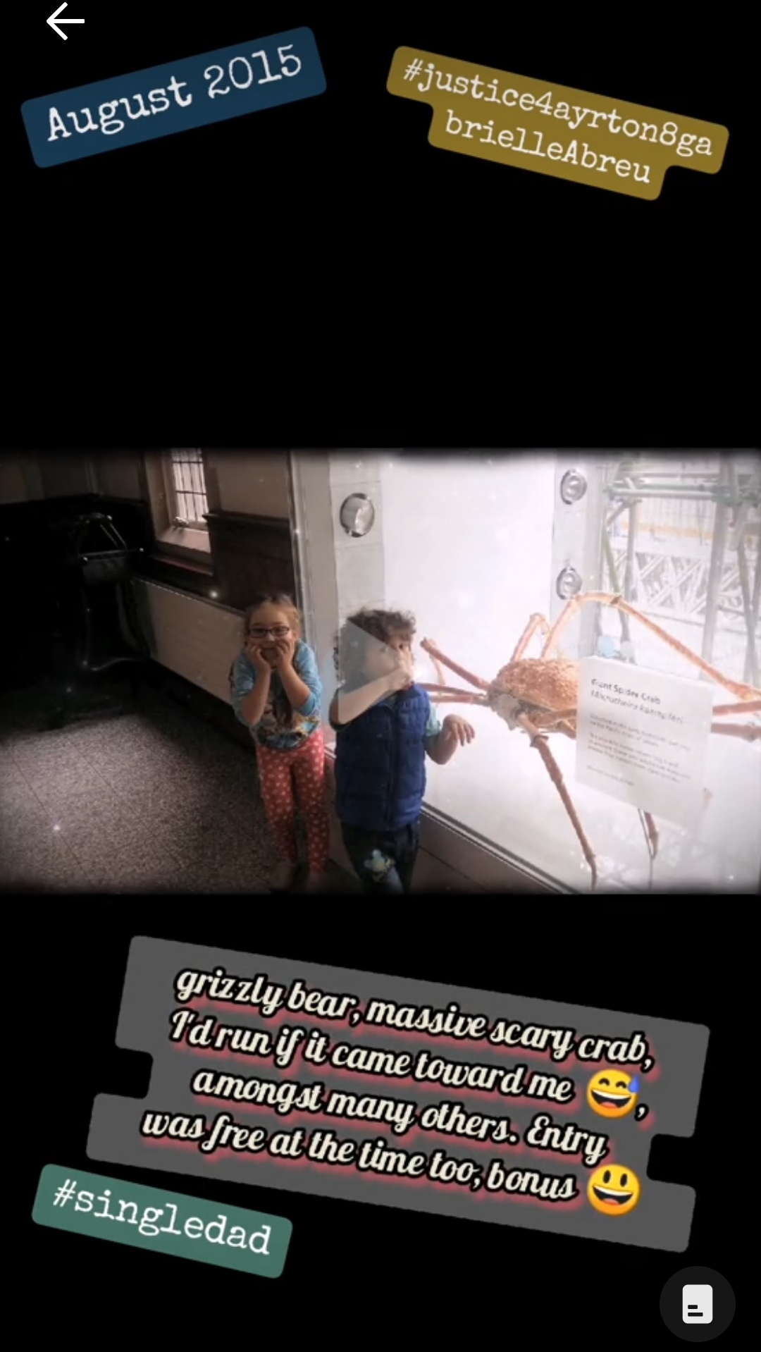 August 2015, photo of Ayrton & Gabrielle Abreu standing next to a giant crab pretending to be scared, at Manchester University museum. Click to watch full clip