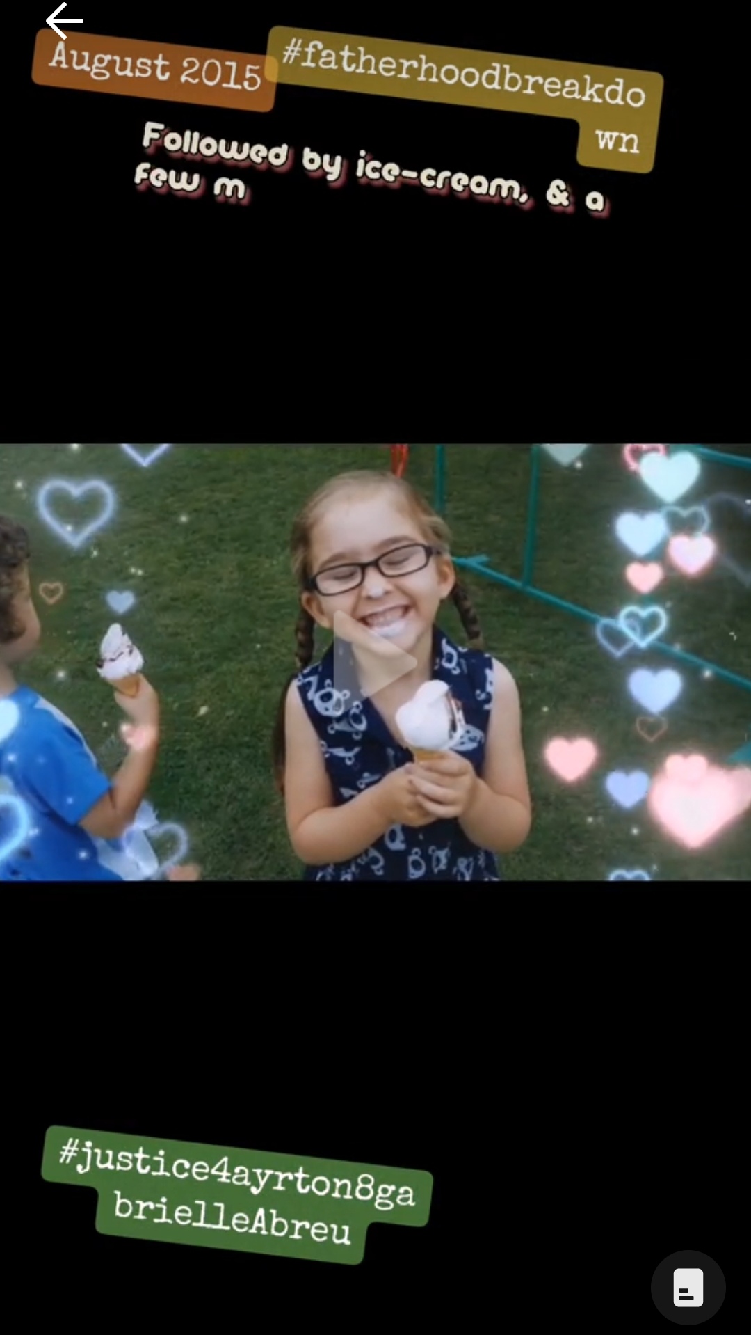 August 2015, photo of Gabrielle eating ice cream at fun faire with the most beautiful genuine smile ever. Click to watch full clip