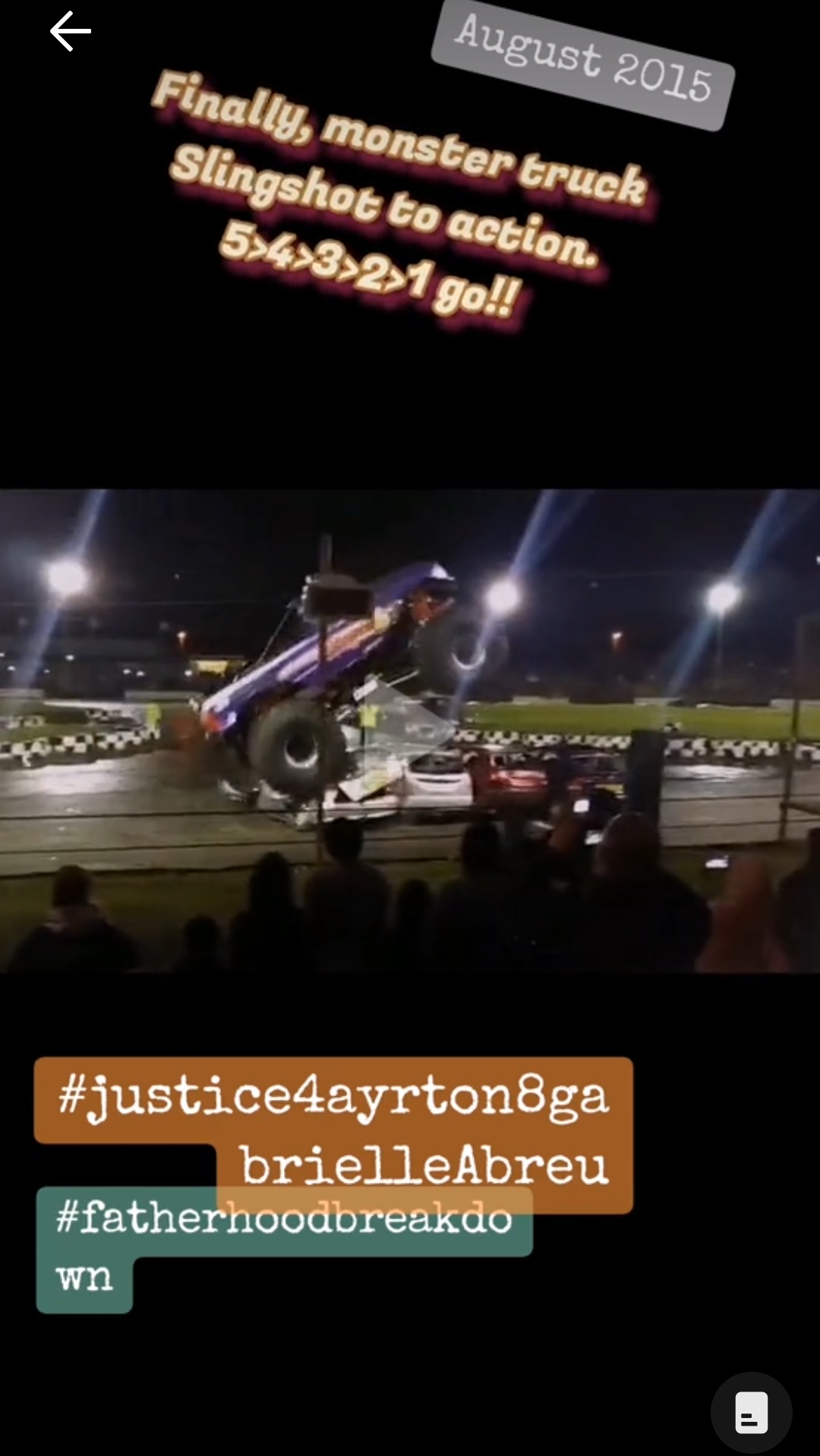 August 2015, photo of monster truck Slingshot jumping up & over some cars ay Skegness speedway. Daddy took Ayrton & Gabrielle Abreu to watch it & other banger races. Click to watch full clip