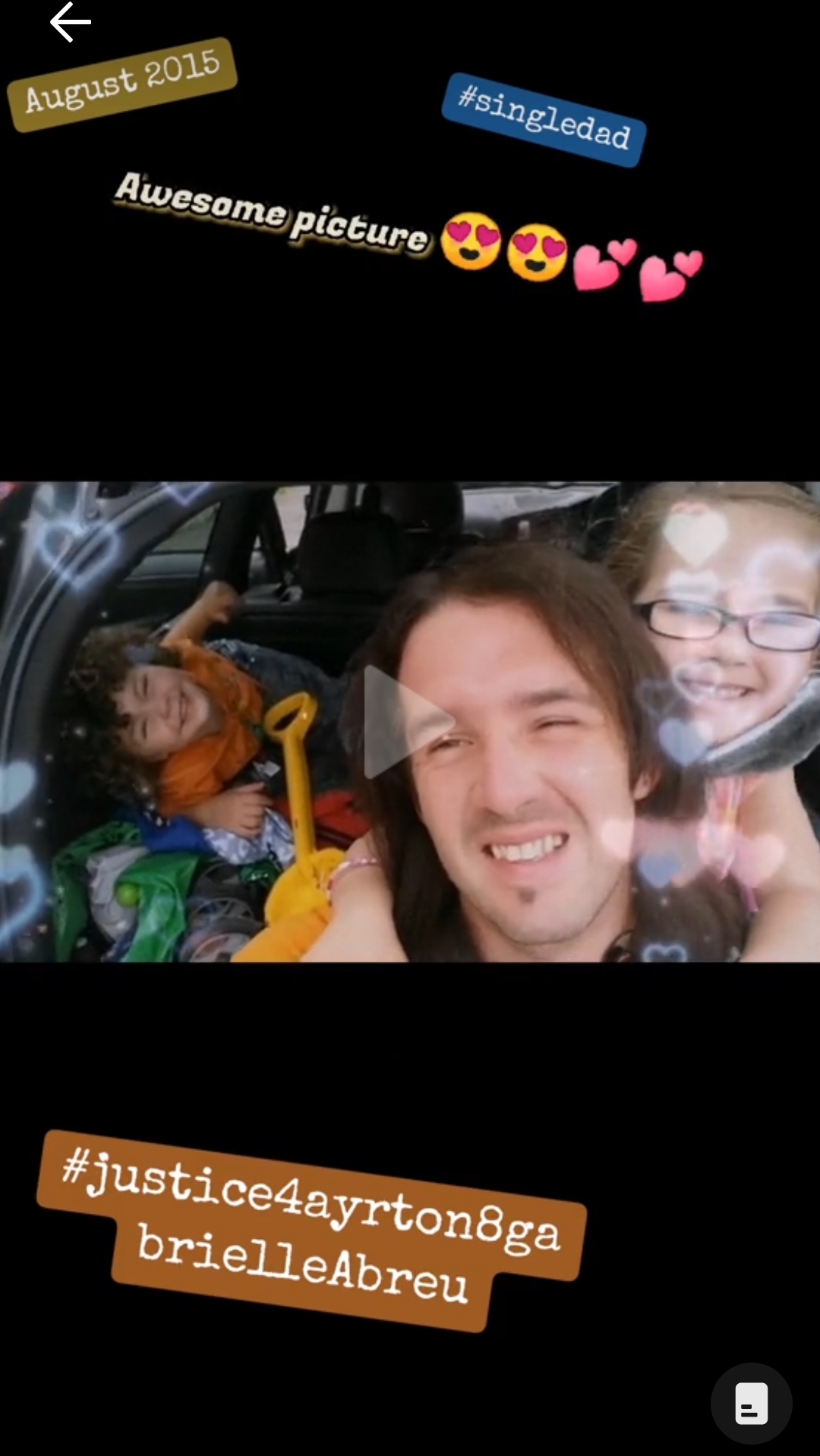 August 2015, photo portrait of Ayrton & Gabrielle Abreu with daddy, all of them with big joyful genuine smiles next to the rear of their last family car outside mummy's house in Cleethorpes. Click to watch full clip