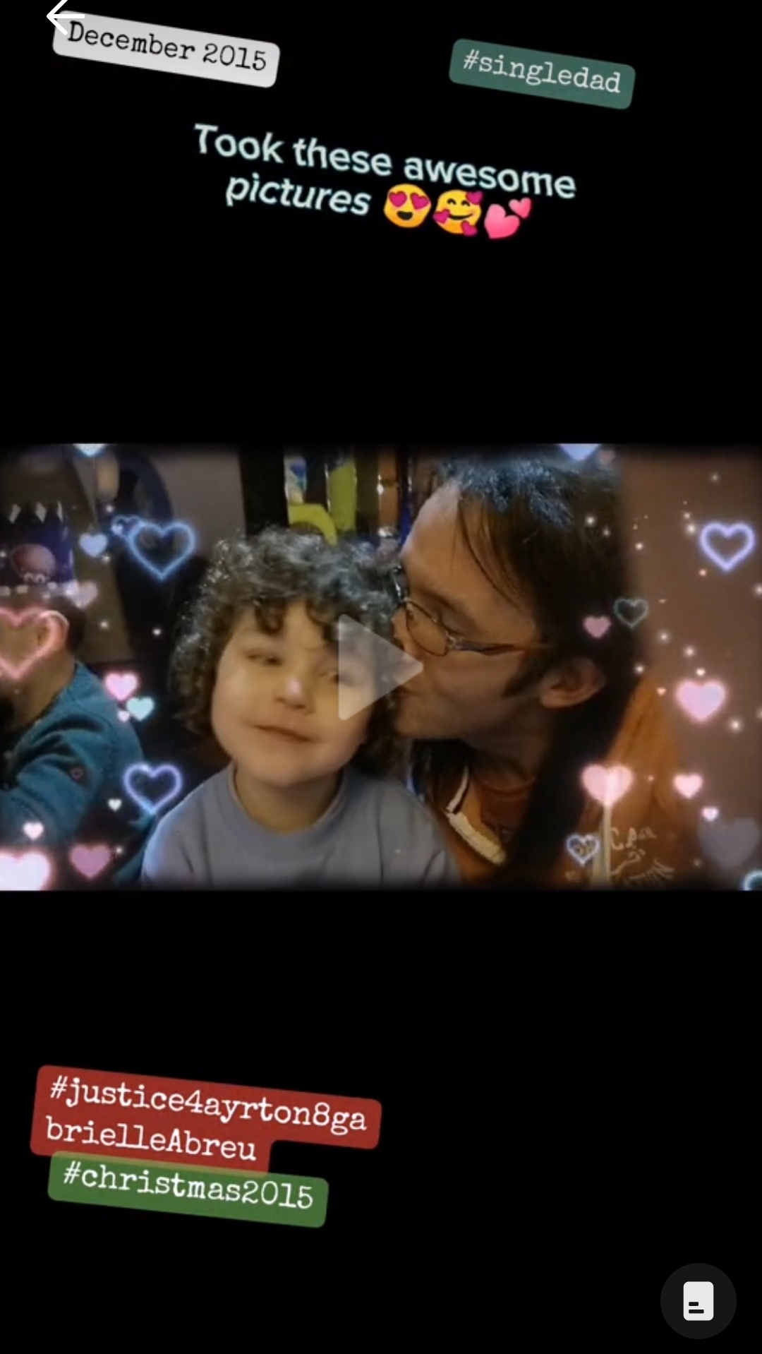 December 2015, photo of Ayrton being kissed by daddy at someone else's birthday party. Ayrton's face expression shows that he is extremely delighted with this display of affection. Click to watch full clip