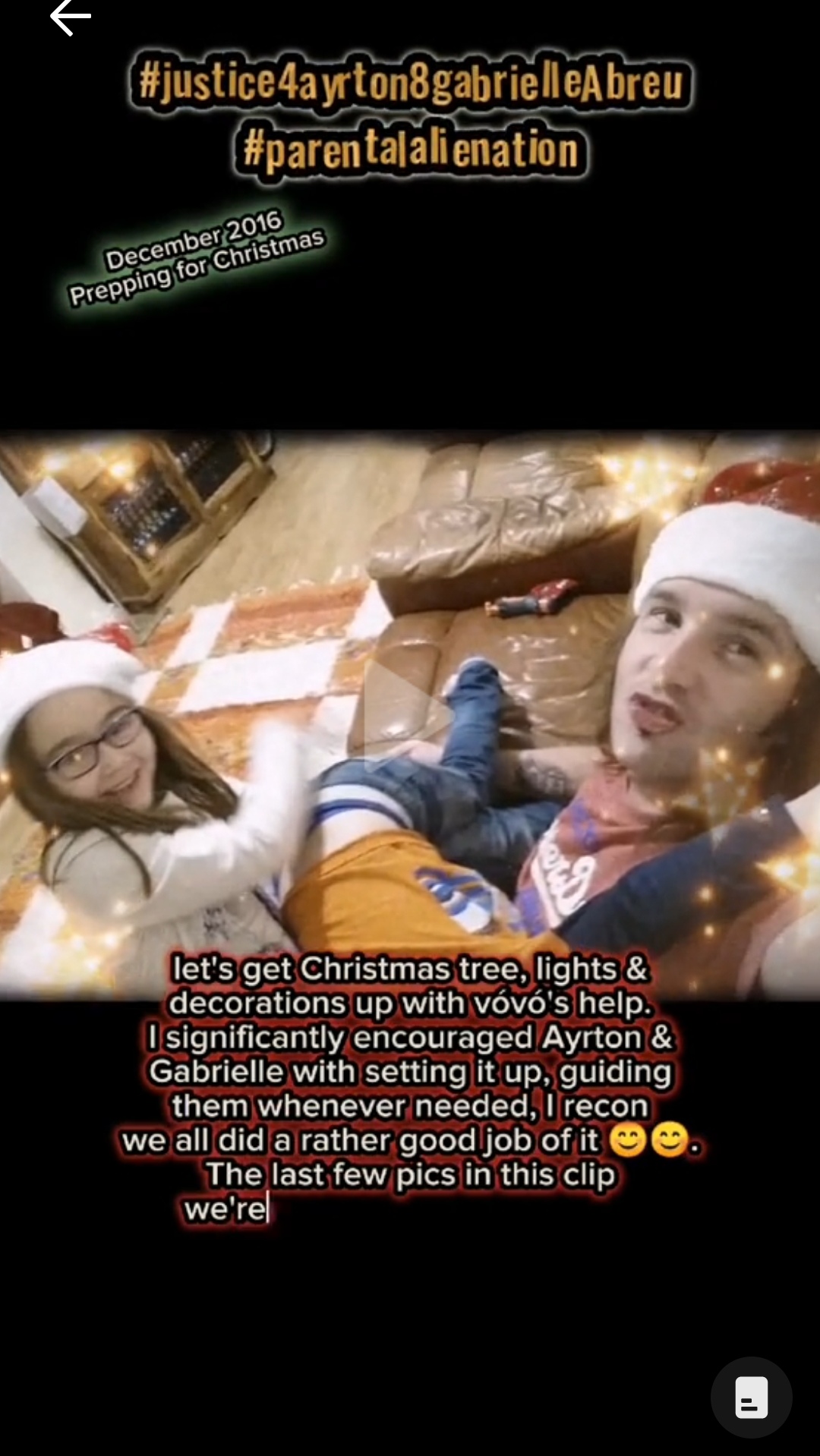 December 2016, photo of Ayrton & Gabrielle Abreu with daddy wearing christmas hats whilst messing around with each other at their home with daddy in Grimsby. This was the last christmas they celebrated together, & daddy hasn't celebrated any more since, because for him there is no christmas without Ayrton & Gabrielle. Click to watch full clip