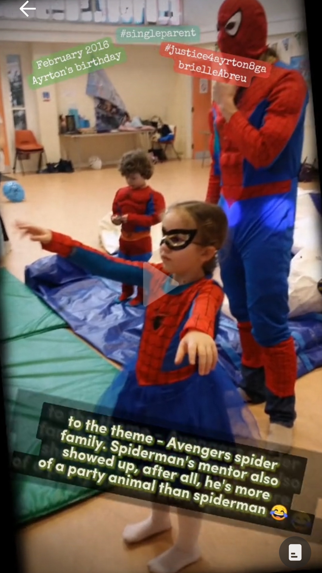 February 2016, photo of Ayrton & Gabrielle Abreu with daddy wearing spider man outfits as part of Ayrton's birthday party theme, during his birthday celebration at a churchy hall in Grimsby. Click to watch full clip