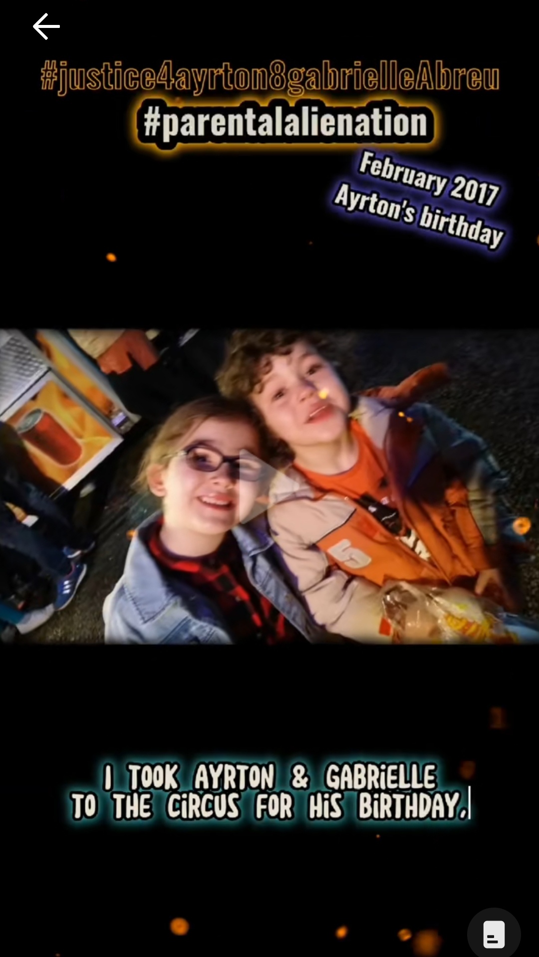 February 2017, photo of Ayrton & Gabrielle Abreu leaning on each other smiling, taken on his birthday just after daddy took them to Planet Circus in Humberston. Click to watch full clip.