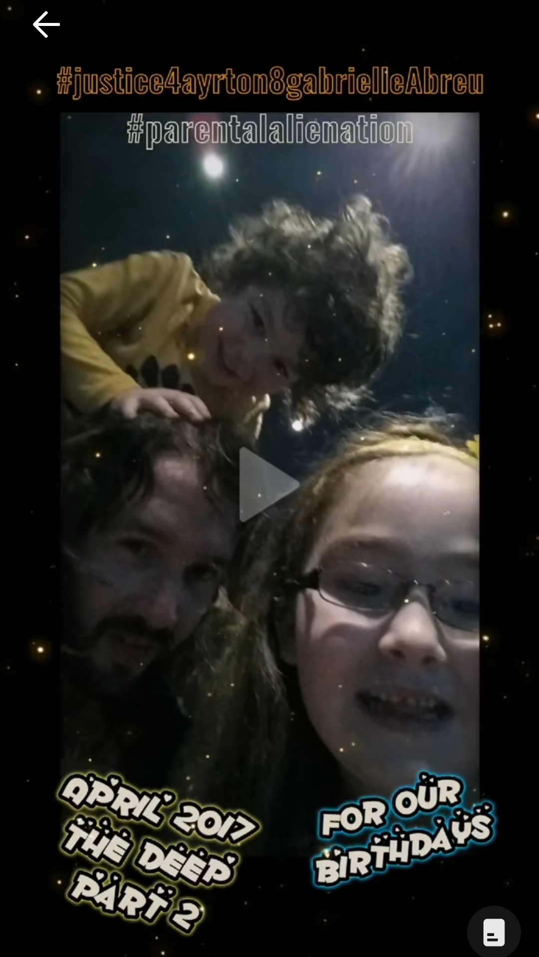 February 2017, photo of Ayrton pilling on top of daddy with Gabrielle Abreu next to them smiling, taken at the Deep in Hull, where daddy had taken them for Ayrton's birthday. Click to watch full clip.