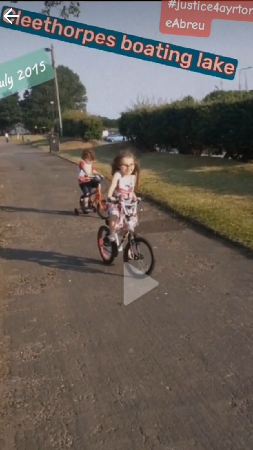 July 2015, photo of Ayrton & Gabrielle Abreu riding their bicycles near Cleethorpes boating lake on a sunny afternoon. Gabrielle was riding her relatively new bicycle with confidence, daddy's birthday gift to her for her birthday. Click to watch full clip