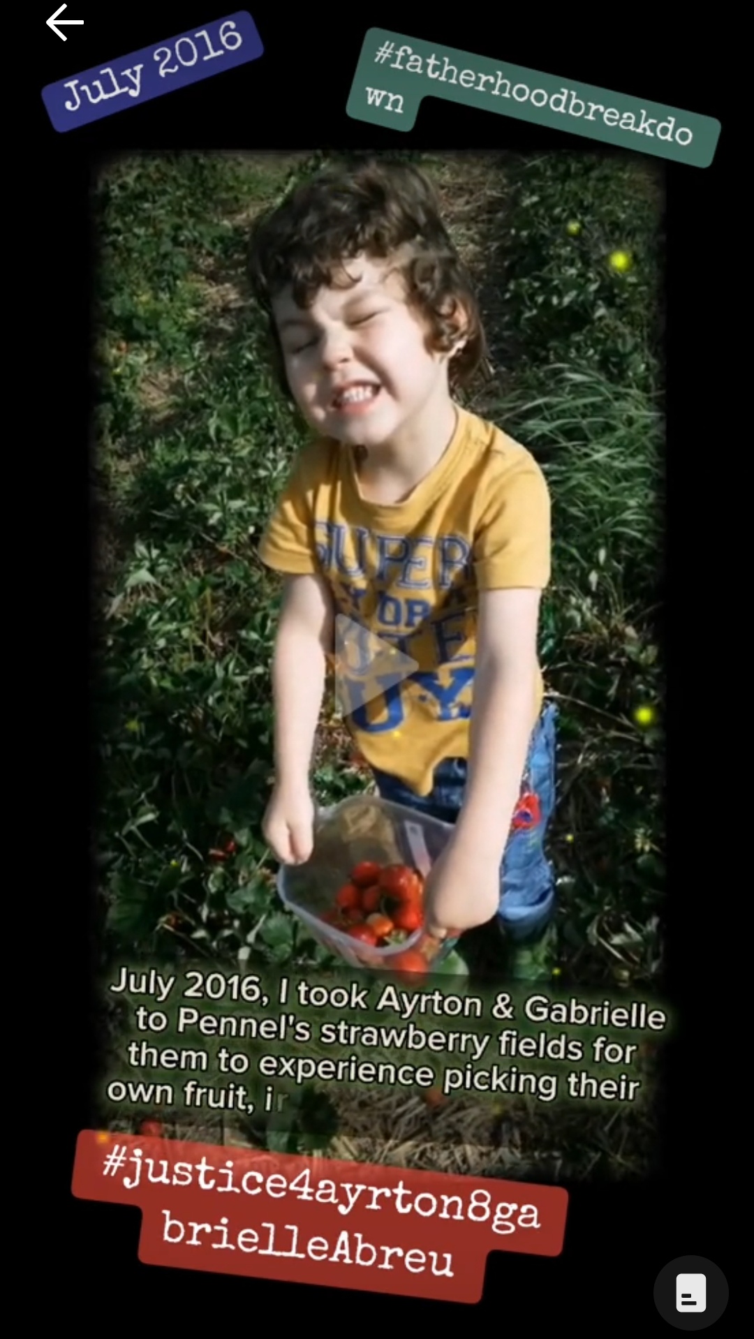 July 2016, photo of Ayrton Abreu holding a pack of strawberries freshly picked at a local farm with Gabrielle, daddy, grandma & uncle near Cleethorpes. Click to watch full clip