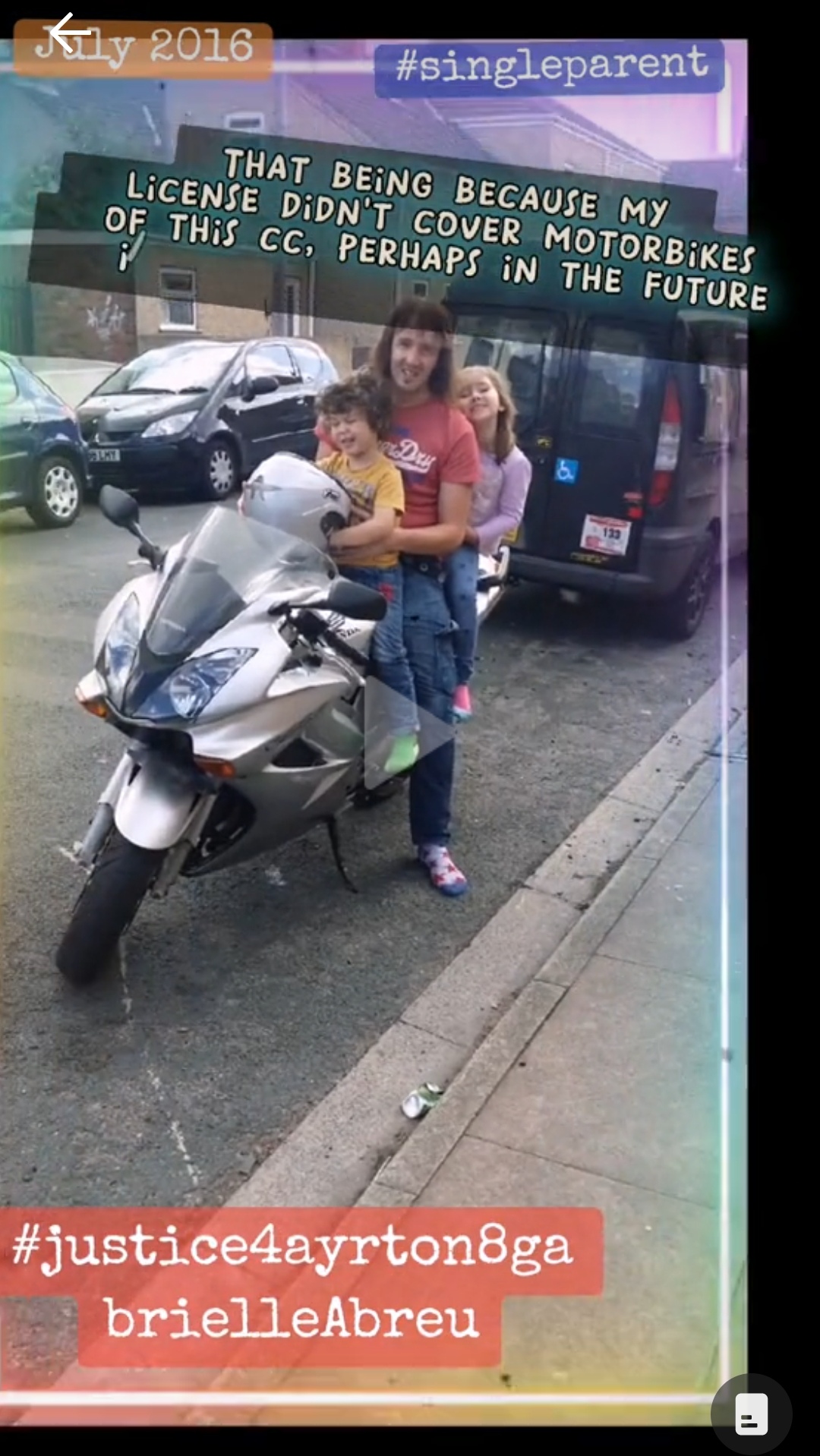 July 2016, photo of Ayrton & Gabrielle Abreu with daddy sat on a Honda sports motorbike, taken just after Ayrton & Gabrielle we're allowed to rev it a few times outside their home with daddy in Grimsby. Click to watch full clip