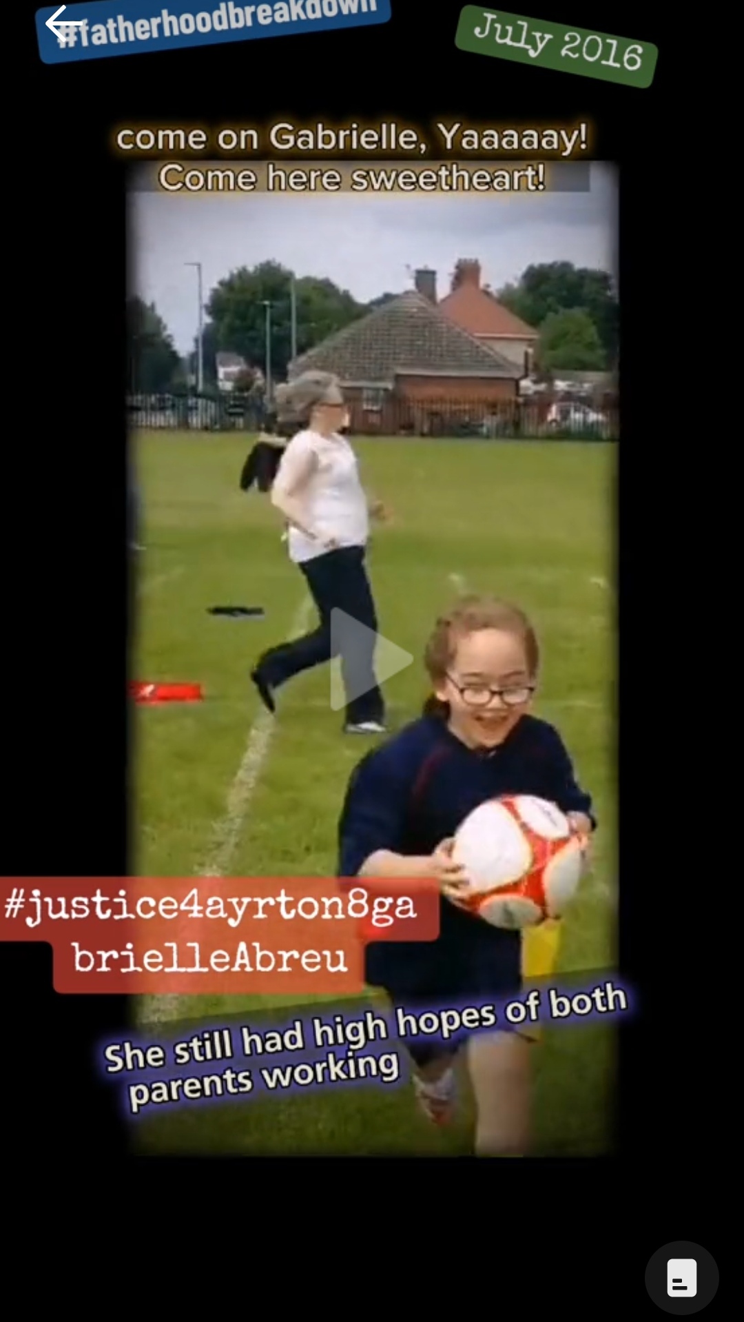 July 2016, photo of Gabrielle Abreu in a race at her school, as she is about to win said race, then to jump onto daddy's arms in joy. Click to watch full clip