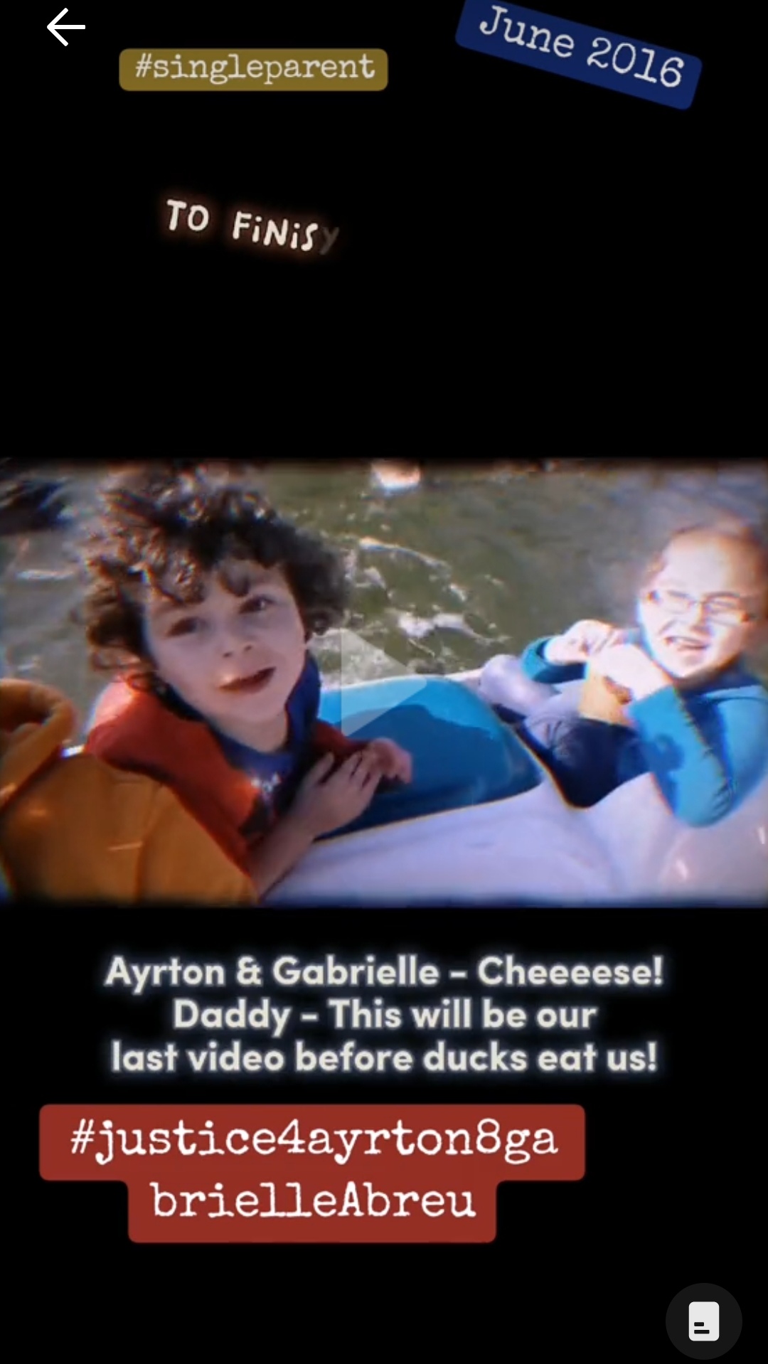 June 2016, photo of Ayrton & Gabrielle Abreu at the back of a pedal boat powered by daddy whilst they fed geese, at Cleethorpes boating lake. Daddy did this with them on several occasions. Click to watch full clip