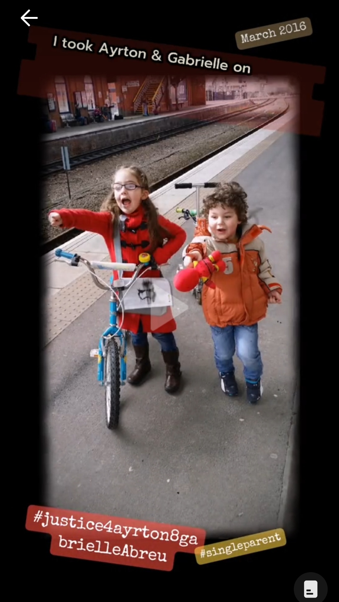 March 2016, photo of Ayrton & Gabrielle Abreu pointing at the train arriving, the one they together with daddy, we're taking to Cleethorpes for lunch & a bicycle ride on the promenade. Click to watch full clip