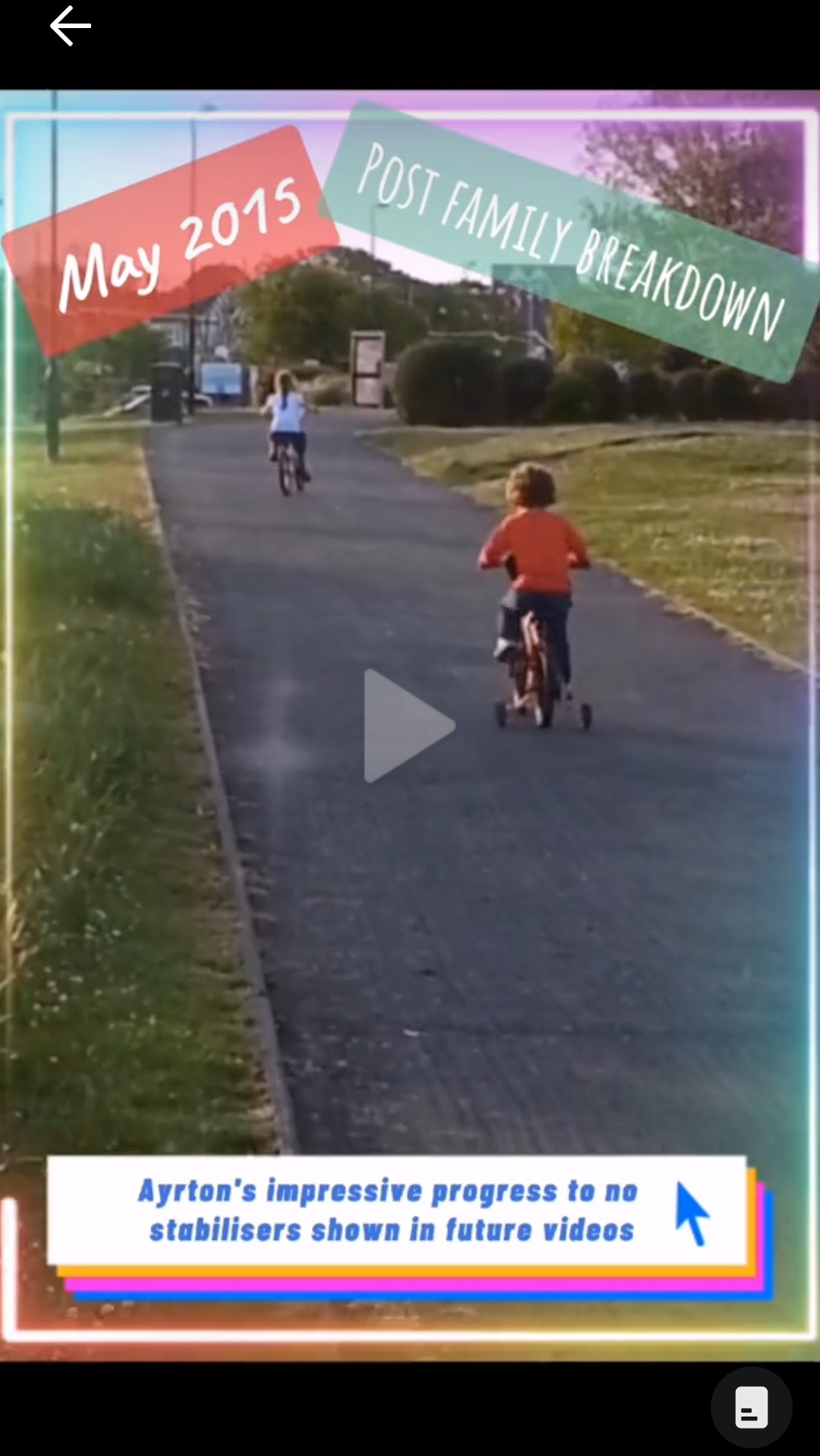 May 2015, Gabrielle gets to ride her new bike gifted on her birthday that year by daddy, she confidently gets the hang of it, Ayrton has also remained confident on his bike. They both learnt to ride their bikes with and without stabilisers from daddy, despite someone trying to take that moment away a few years later whilst deliberately disrupting contact unnecessarily. Click to watch full clip