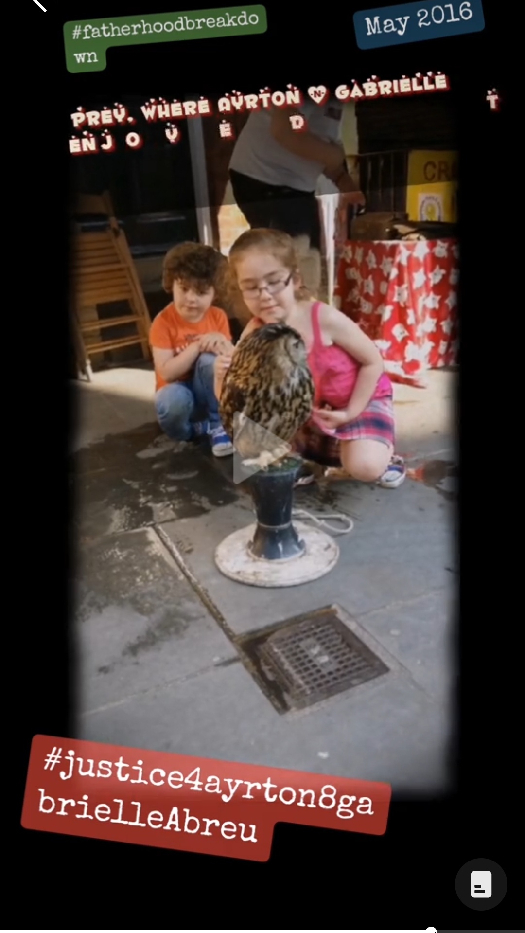 May 2016, photo of Ayrton & Gabrielle Abreu cautiously studying an owl at a show near Lincoln cathedral, at the end of a sunny day out with daddy. Click to watch full clip