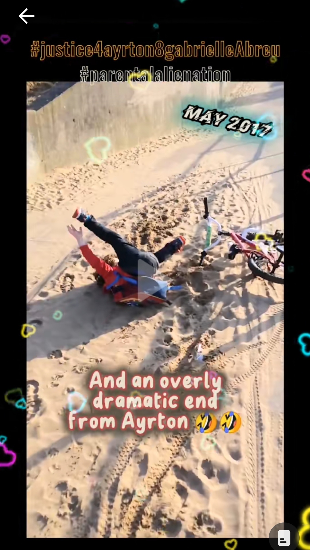 May 2017, photo of Ayrton Abreu as he dramatized falling over his bicycle near Cleethorpes leisure centre. This was taken as he was learning to ride without stabilisers from daddy. Click to watch full clip.