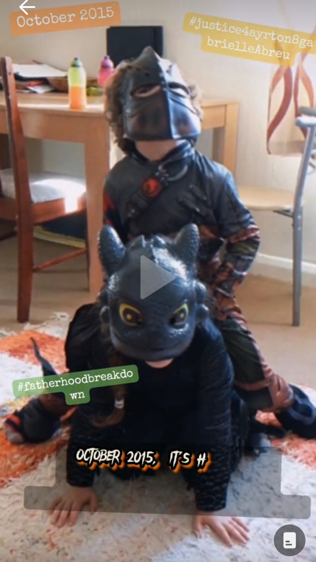 October 2015, photo of Ayrton & Gabrielle Abreu dressed up as Hiccup & toothless from how to train your dragon, Ayrton as Hiccup sitting on Gabrielle being toothless. This was part of their Halloween costumes at daddy's. Click to watch full clip