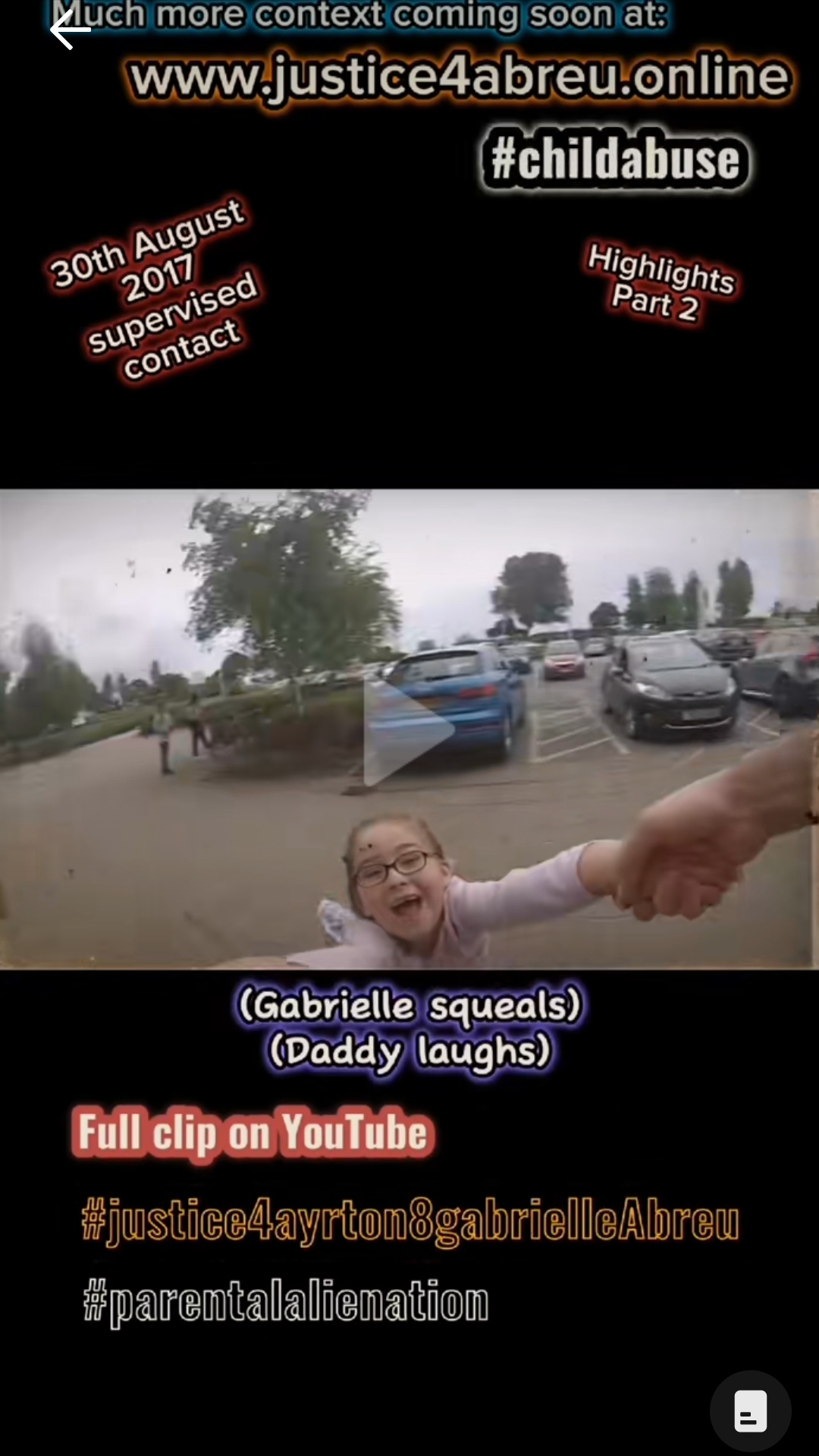 2017-08-30 photo of Gabrielle Abreu being span around in the air by daddy. This links to the clip where daddy spins Ayrton & Gabrielle Abreu up in the air outside Parkway cinema in Cleethorpes. This photo is linked to its clip