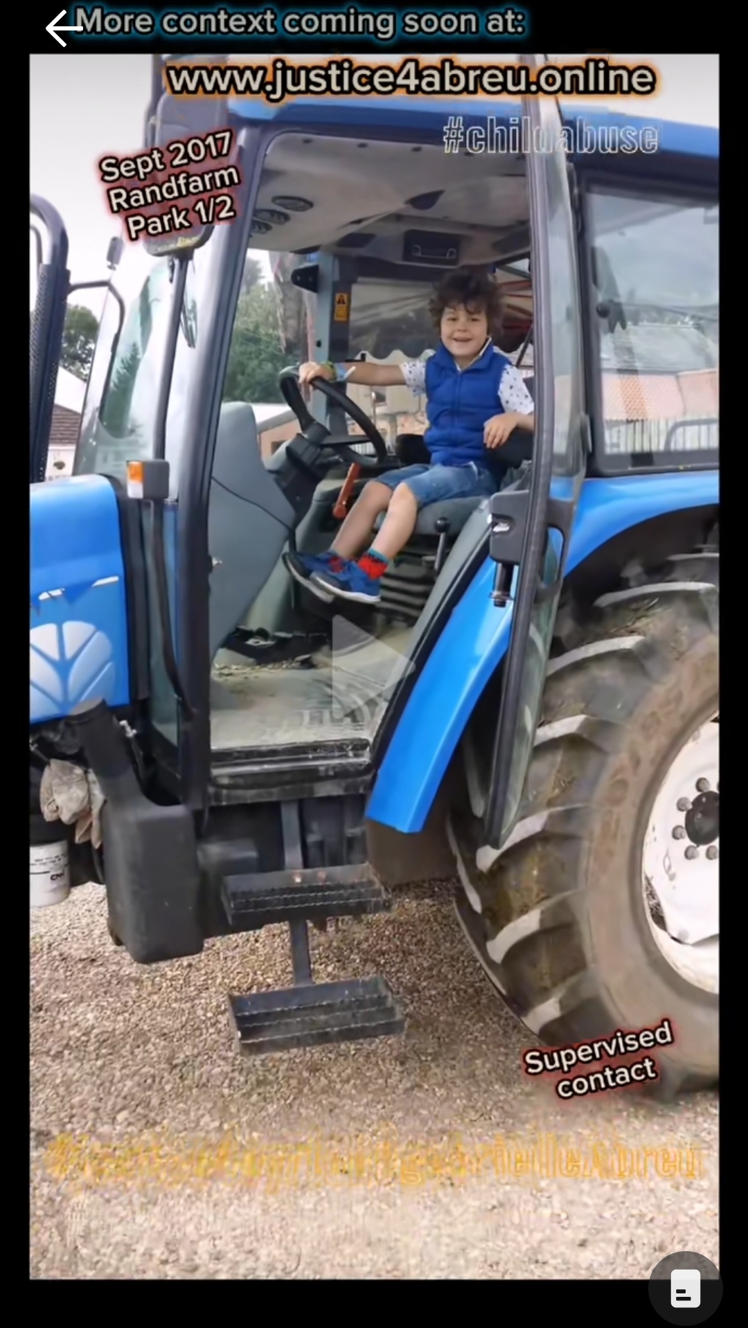 2017-09-03 photo of Ayrton Abreu with a smile, sat inside a blue tractor at Randfarm Park near Lincoln. This photo is linked to its clip