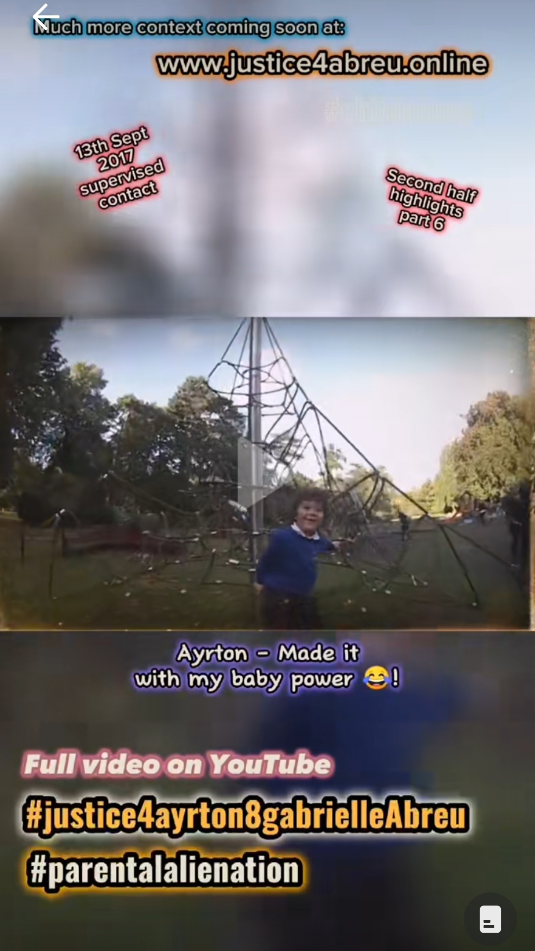 2017-09-13 photo of Ayrton Abreu as he climbs down a rope pyramid at People's Park in Grimsby, in a sunny day, just before he jumps onto daddy's arms. This photo is linked to its original clip