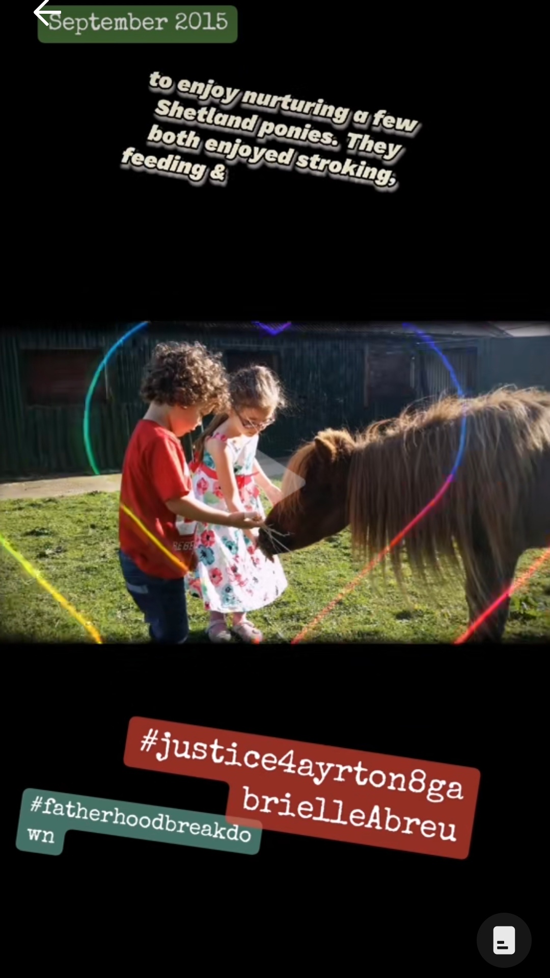 September 2015, photo of Ayrton & Gabrielle Abreu petting a Shetland pony outside a stable daddy took them to near Cleethorpes, on a sunny day. Click to watch full clip